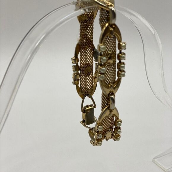 1940’s Gold Toned Costume Bracelet with Rhinestones and Pearls - Picture 1 of 5